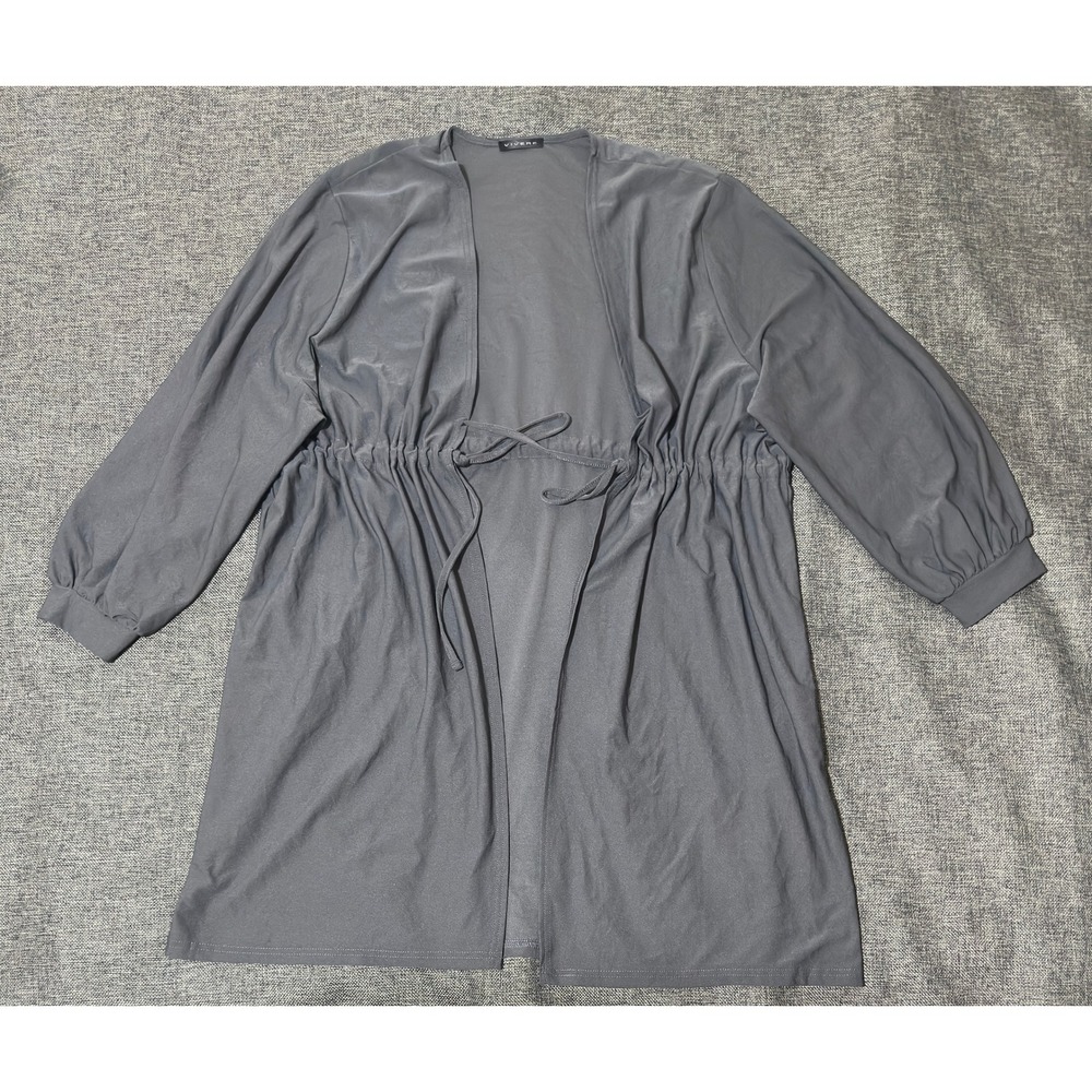Vivere Womens 3L Cardigan Gray Open Front Cinched Tie Waist Long‎ Sleeve Casual